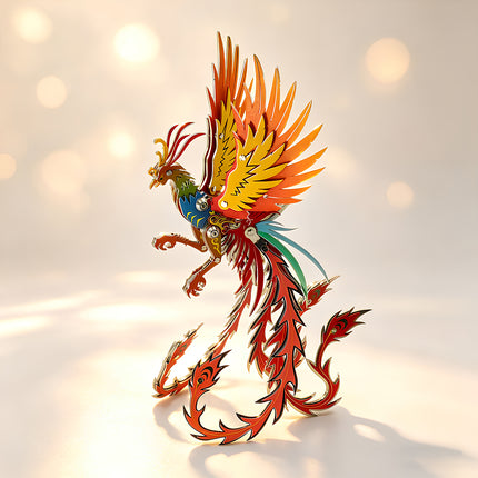 High-quality DIY 3D puzzle Metal Kits featuring a majestic mechanical firebird with intricate multi-colored wings.