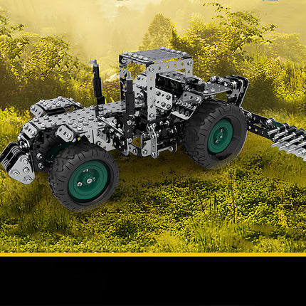 Challenging steampunk puzzle tractor metal model set against a forest background, an engaging DIY project from TableFunny.