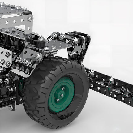 Close-up showing the precision hardware and rubber tires of a DIY 3D puzzle Metal Kits tractor metal model.