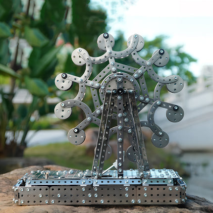 Steam punk mech aesthetic Ferris wheel metal model, an intricate mechanical steampunk desktop art piece for collectors.