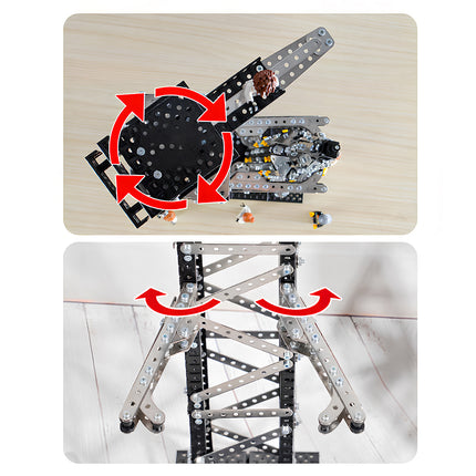 Functional details of a mechanical steampunk rocket tower with a 360-degree rotating crane and movable mechanical arms, a premium DIY metal model project.