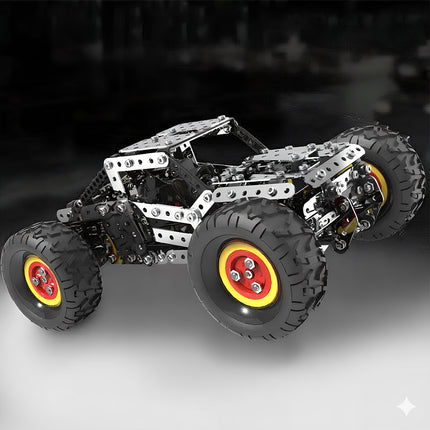 Challenging steampunk puzzle racing car with all-terrain wheels, a high-quality metal model from our DIY collection.