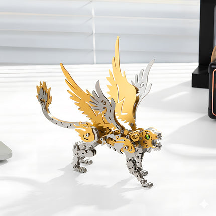A gold and silver mechanical steampunk winged tiger metal model on a workspace with DIY tools, a high-quality 3D puzzle Metal Kit from Tablefunny.