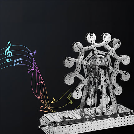 A musical mechanical steampunk Ferris wheel metal model featuring colorful notes, built from DIY 3D puzzle Metal Kits.