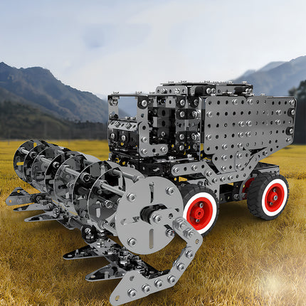 Realistic 3D puzzle Metal Kits featuring a harvester metal model with intricate steel components, perfect for mechanical steampunk display.