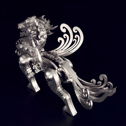 Close-up of a DIY steam punk mech guardian beast, showcasing the polished stainless steel texture and flowing mechanical aesthetics.