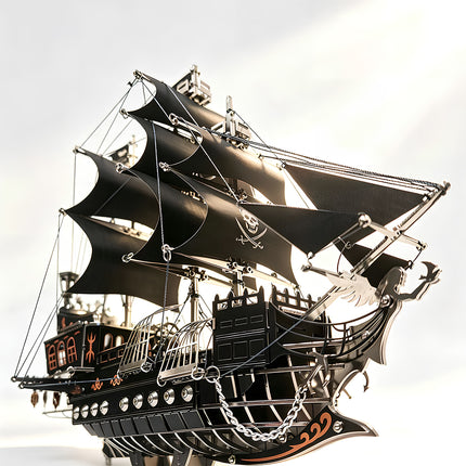Creative steam punk mech flying ship with pirate flags, an advanced steampunk puzzle and handcrafted metal model artwork.