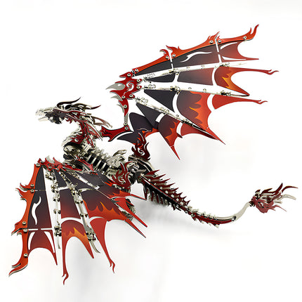 Fierce steam punk mech dragon with articulated red wings, a premium steampunk puzzle and handcrafted metal model for desktop decor.