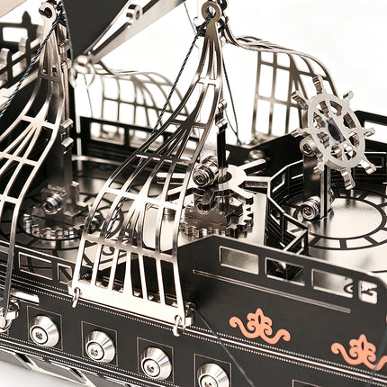 Exploring the internal structure of a steampunk puzzle ship, featuring complex components from the 3D puzzle Metal Kits series.