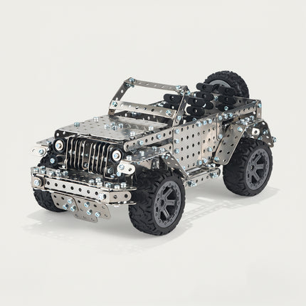 A completed steampunk puzzle convertible jeep with realistic tires and chassis, a high-quality DIY metal model for collectors.