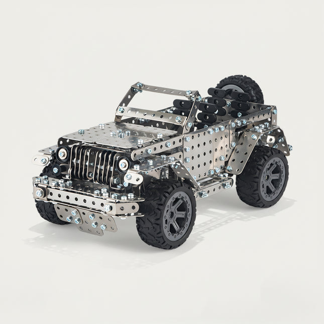 A completed steampunk puzzle convertible jeep with realistic tires and chassis, a high-quality DIY metal model for collectors.