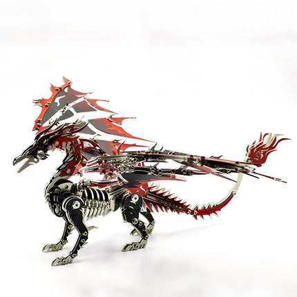 A standing steam punk mech dragon with flame wings, featuring an intricate steampunk puzzle design and metal model parts.