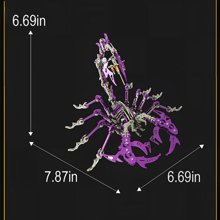 Dimensional view of a purple steampunk puzzle scorpion metal model, a perfect DIY gift from Tablefunny’s 3D puzzle Metal Kits collection.