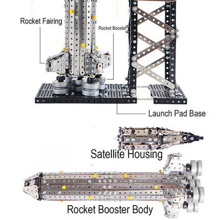 Exploded view of a mechanical steampunk space rocket, a premium metal model for DIY assembly with parts like the Rocket Booster Body.