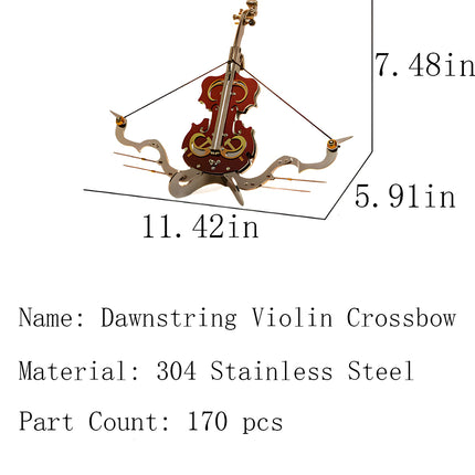Technical specifications for the Dawnstring Violin Crossbow metal model, a 170-piece 3D puzzle Metal Kits made of 304 stainless steel.