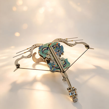Full artistic view of the teal Dawnstring Violin Crossbow metal model, an intricate mechanical steampunk project from our 3D puzzle Metal Kits.
