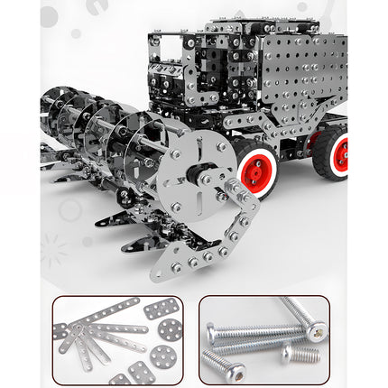 Steam punk mech style agricultural harvester metal model with detailed views of assembly parts and DIY tools.