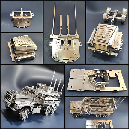 Precision-cut metal parts and finished steam punk mech style armored truck, a high-quality mechanical steampunk project.
