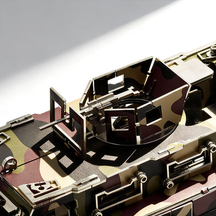 Close-up of the rotating turret on a camouflage metal model, showcasing the precision of the 3D puzzle Metal Kits.