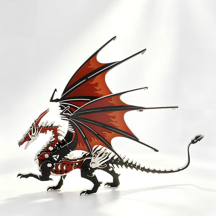 Full view of the red fire dragon metal model with flame wings, a premium mechanical steampunk style 3D puzzle Metal Kits.