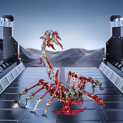 A cinematic shot of a red steam punk mech scorpion on a futuristic hangar bay, an advanced mechanical steampunk metal model from our 3D puzzle Metal Kits.