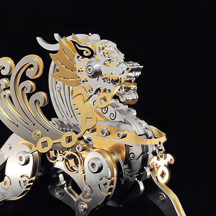 A high-detail close-up of the gold and silver Qilin metal model, showcasing an intricate steampunk puzzle design with visible mechanical gears.