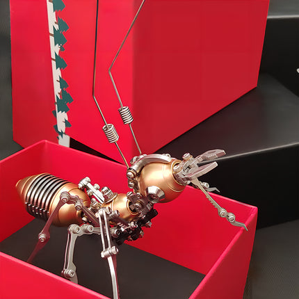 Golden metal model of a mechanical ant in a red gift box, a premium steampunk puzzle and 3D puzzle Metal Kits for holiday gifts.