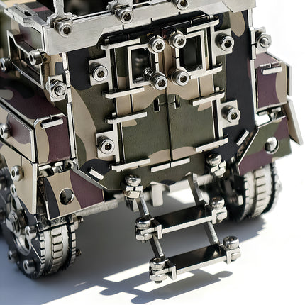 Precision-engineered parts of a steampunk puzzle, showing the realistic metal ladder and camouflage finish.