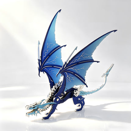 Full view of the Ice Dragon metal model with glowing blue wings, a premium mechanical steampunk style 3D puzzle Metal Kits.