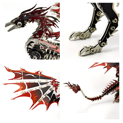 Four-pane detail view showing the head, claws, wings, and tail of a mechanical steampunk dragon, a high-precision DIY metal model.