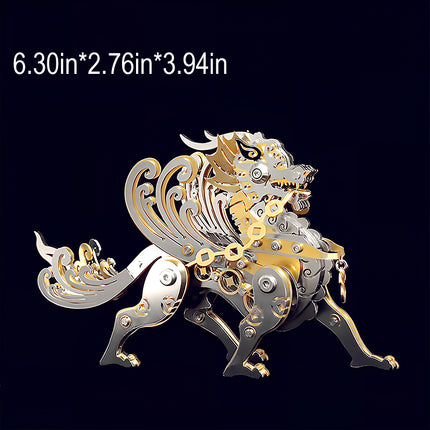 Large golden and silver mechanical steampunk Kirin metal model with coins, measuring 6.3x2.76x3.94 inches, a premium DIY 3D puzzle Metal Kit.
