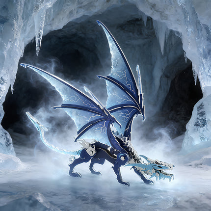 A steam punk mech ice dragon steampunk puzzle in a realistic winter cave environment, part of the metal model collection.
