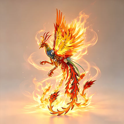 A majestic steam punk mech phoenix bird surrounded by realistic flames, showcasing a high-end mechanical steampunk design.