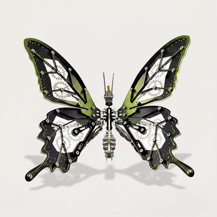A stunning green metal model butterfly, DIY 3D puzzle Metal Kits featuring mechanical steampunk wings and gear details.