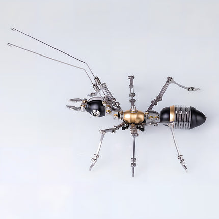Detailed side view of a black and gold mechanical steampunk ant metal model, an intricate 3D puzzle Metal Kits for adult hobbyists.