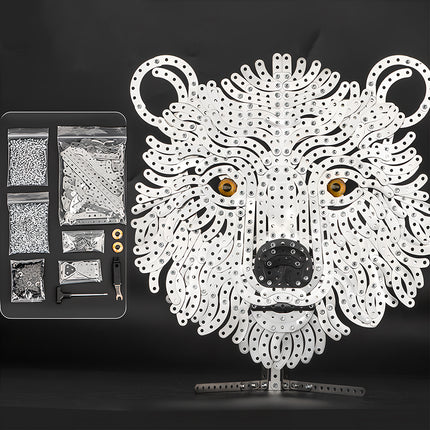A finished bear head metal model alongside its DIY components and tools, a highly detailed mechanical steampunk project from our 3D puzzle Metal Kits.