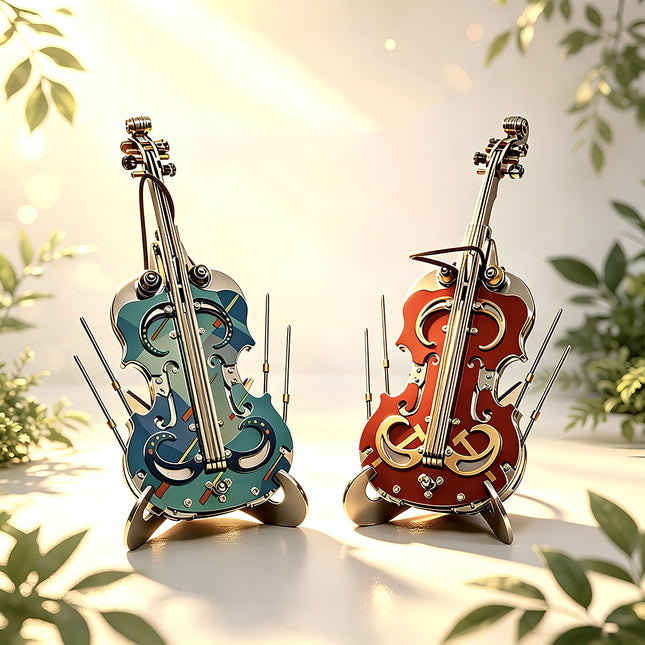 DIY 3D puzzle Metal Kits featuring teal and red-brown mechanical violins, perfect metal model gifts and tabletop decorations.
