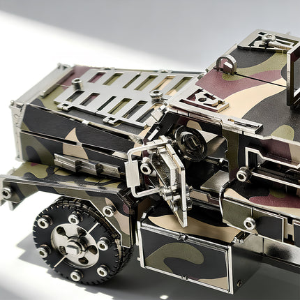 Precision-engineered steam punk mech style military truck, high-quality steampunk puzzle with realistic camouflage texture.