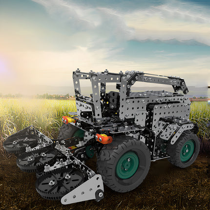 A detailed mechanical steampunk harvester metal model in a harvested field at sunset, perfect for DIY enthusiasts and collectors.