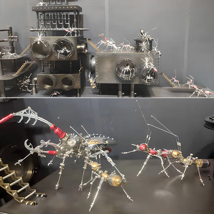 A grand scene of various mechanical insects in a factory setting, featuring a steam punk mech beetle and ants from our 3D puzzle Metal Kits.