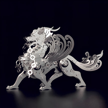 A stainless steel mechanical steampunk Kylin (Qilin), a highly detailed steam punk mech figure for desktop collectors.