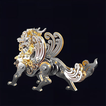 This mechanical steampunk Qilin showcases a stunning steam punk mech aesthetic with polished golden and silver plates.