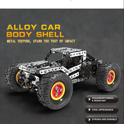 A rugged off-road monster truck metal model with oversized tires and a mechanical steampunk frame for DIY enthusiasts.