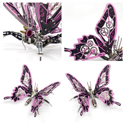 DIY 3D puzzle Metal Kits featuring a pink mechanical butterfly metal model, an intricate and romantic steampunk puzzle for hobbyists.