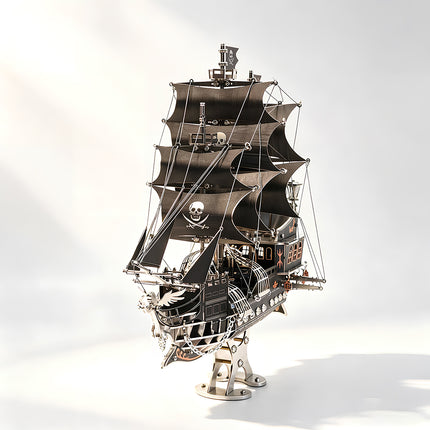  Full view of the mechanical steampunk pirate ship with steam punk mech legs, an advanced DIY metal model from our 3D puzzle Metal Kits collection.