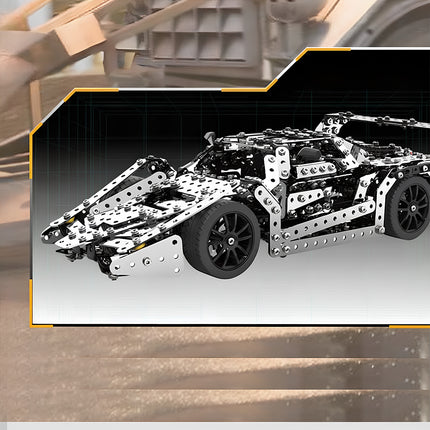 A high-tech mechanical steampunk supercar metal model showcased on a digital grid background for DIY hobbyists.
