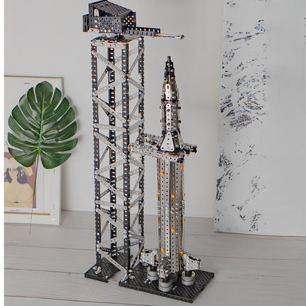 Sophisticated steampunk puzzle rocket displayed as a metal model centerpiece, an intricate DIY 3D puzzle Metal Kits project for hobbyists.