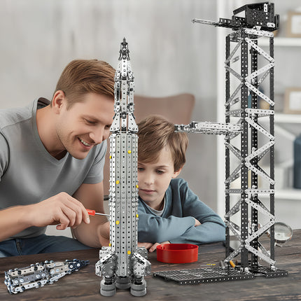 Large-scale steampunk puzzle rocket and launch pad, a premium metal model from our 3D puzzle Metal Kits collection, perfect for DIY hobbyists.