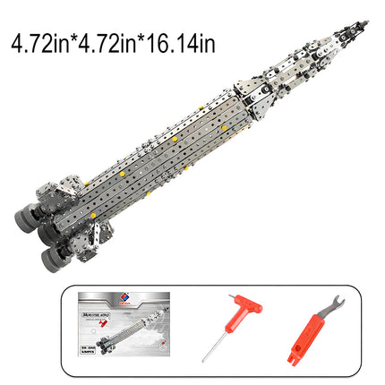 Product dimensions and tools for the mechanical steampunk rocket metal model, measuring 16.14 inches tall, a premium DIY 3D puzzle Metal Kits project.