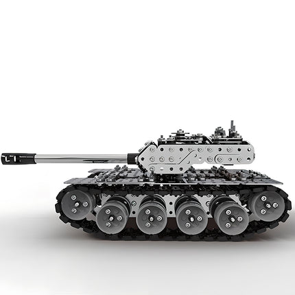A side-view metal model of a main battle tank with a long barrel and detailed treads, designed as a mechanical steampunk DIY kit.